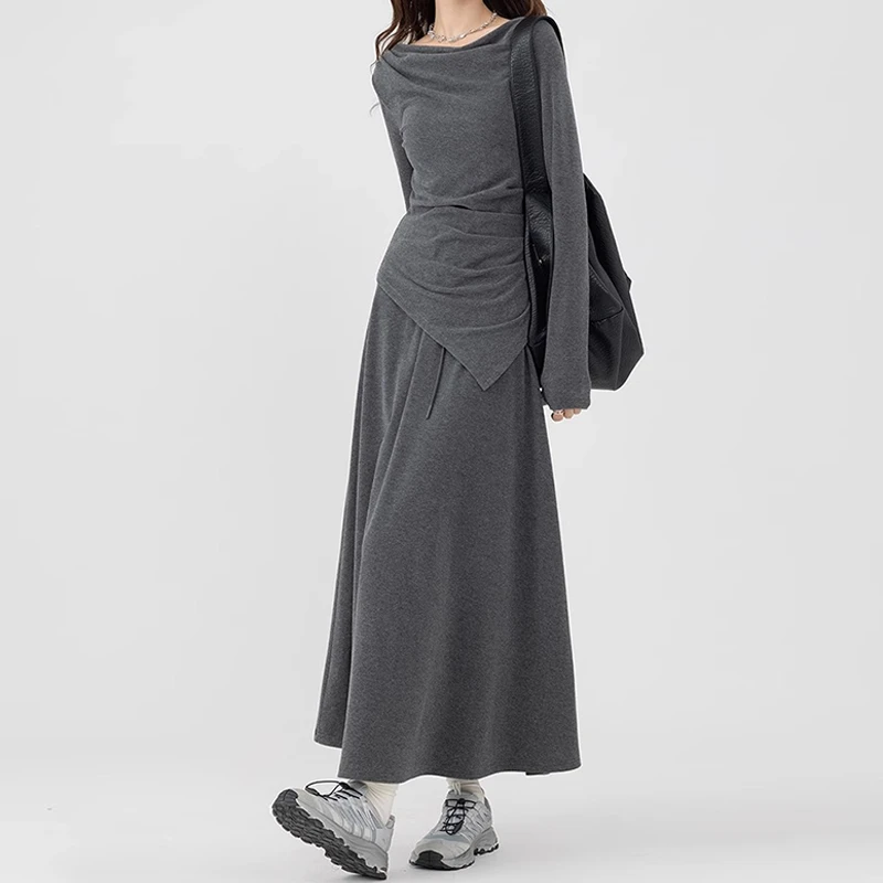 2025新款收腰一字肩连衣裙子女装早秋韩系气质穿搭套装高级感长裙