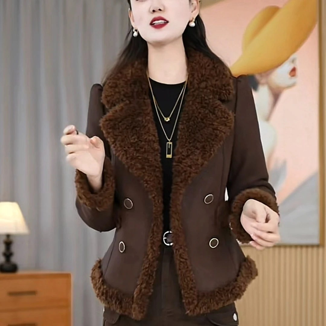 洋气短款外套2025冬季新款加绒加厚女士时尚百搭皮毛一体毛呢外套
