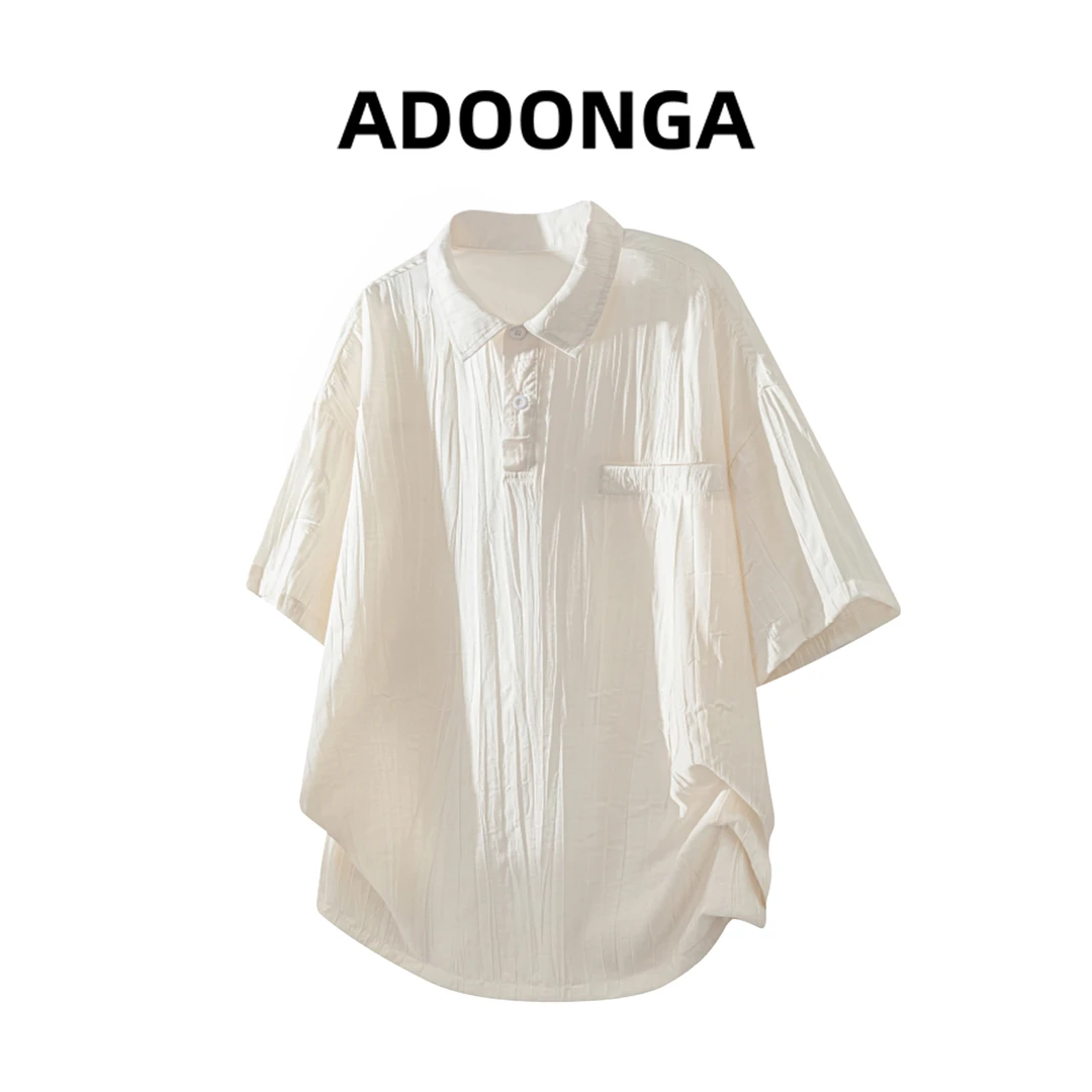 ADOONGA冰丝凉感短袖翻领衬衣男士夏季新款褶皱宽松休闲半袖上衣