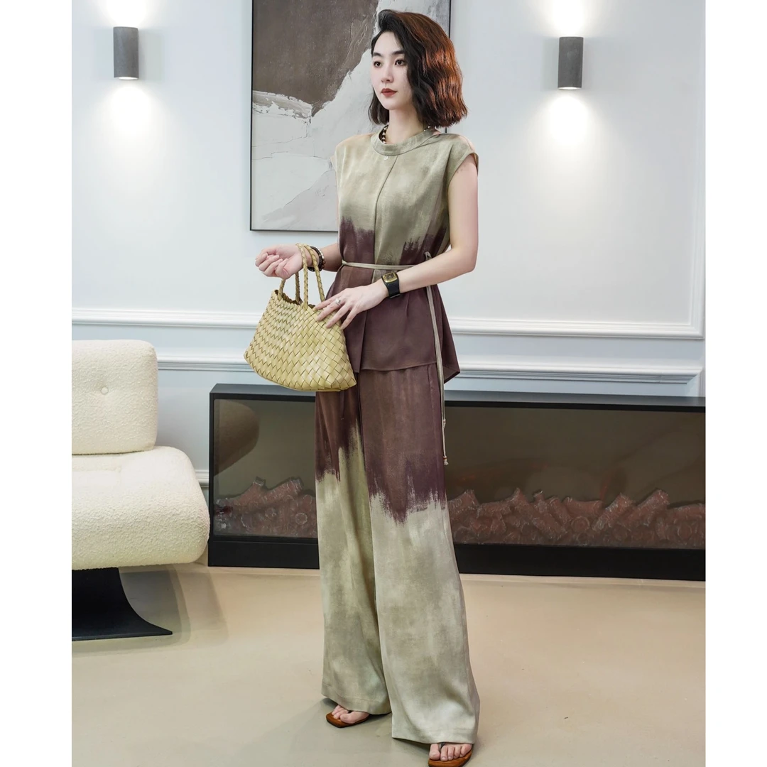 MORELAN2025春夏高级气质晕染撞色拼接上衣+休闲裤两件套525161