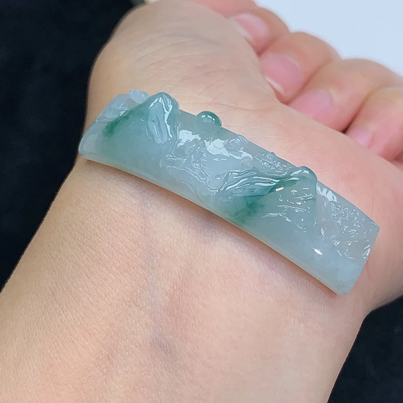 冰润飘绿 山水手牌 翡翠挂件 正品缅甸天然A货翡翠玉 8.14g