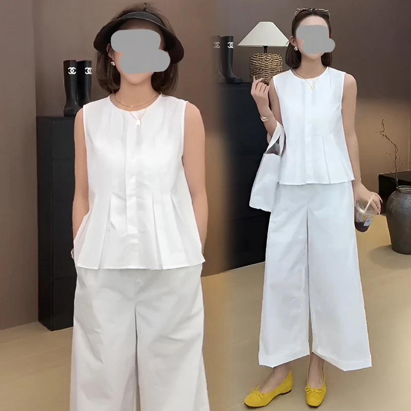 无袖上衣阔腿裤两件套女夏季2025新款时尚休闲背心马甲九分裤套装