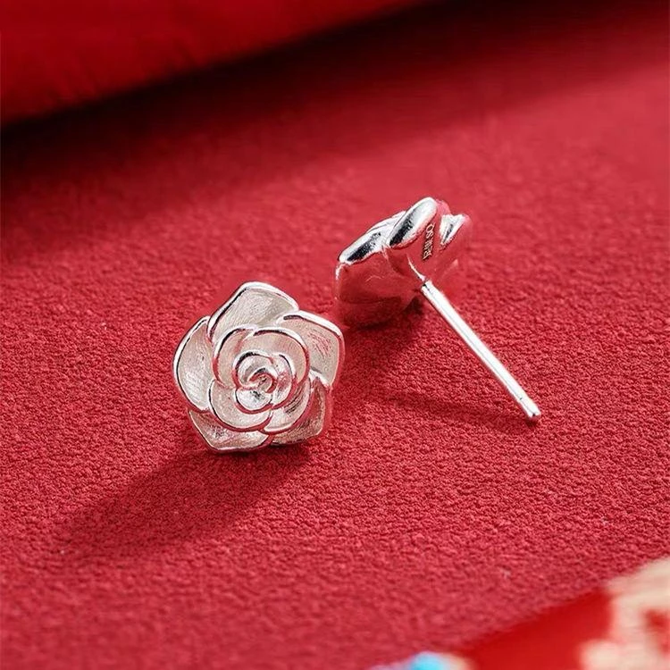 足银耳饰 纯银s999耳钉新款千足银玫瑰花耳环送爱人耳饰精致