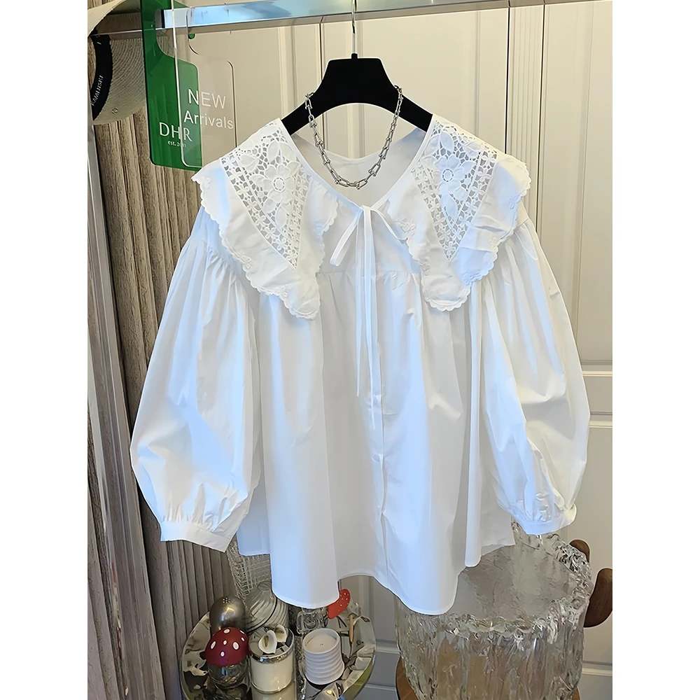 胖妹妹240斤大码法式绝美蕾丝翻领灯笼袖衬衫女秋季宽松长袖上衣