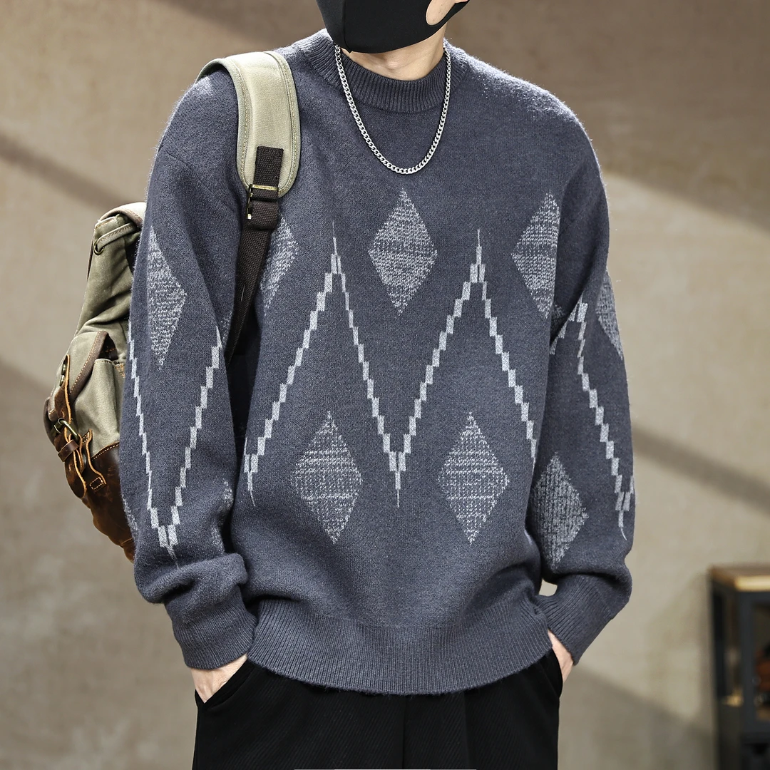 高端美式复古提花重磅毛衣男秋冬新款慵懒风圆领宽松针织衫外套潮