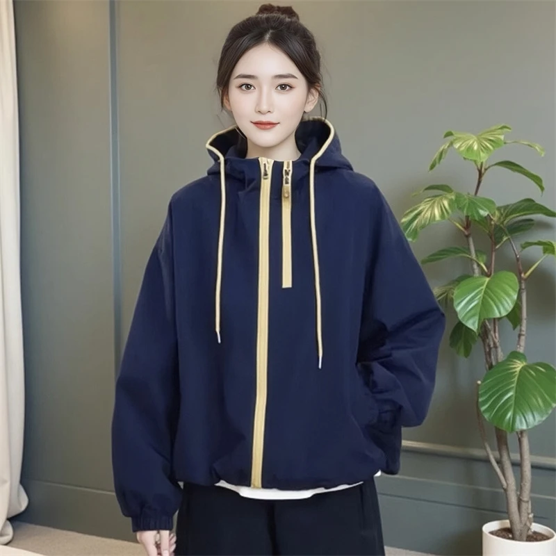 2025春季新款时尚休闲连帽拼色拉链冲锋衣外套女小众宽松显瘦上衣