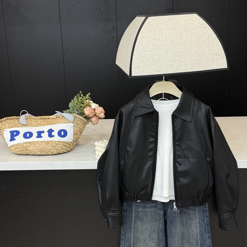 【现货】leomama女童外套秋装韩版黑色软皮pu皮衣2025秋季儿童夹克