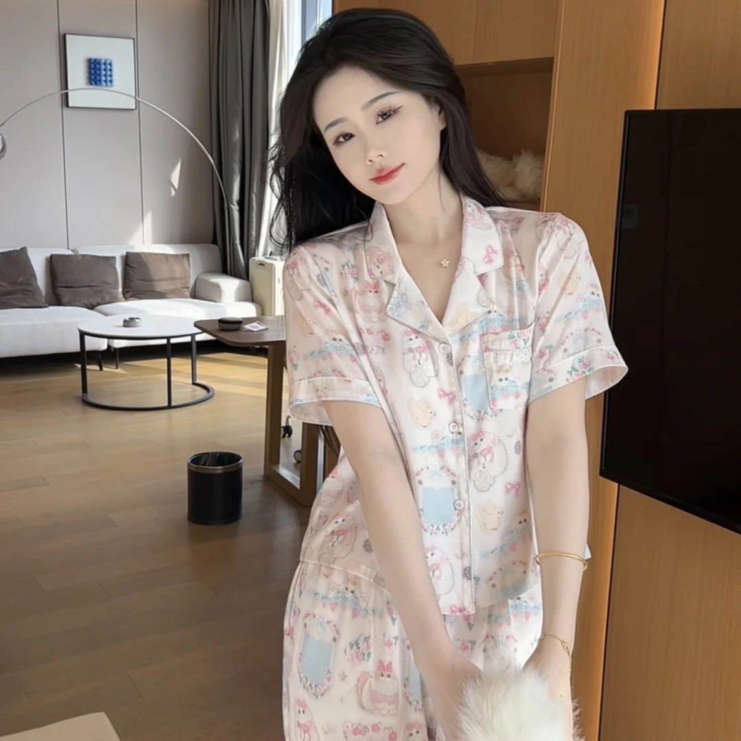 可爱猫咪短袖冰丝睡衣女甜美减龄夏季新款休闲家居服三件套可外穿