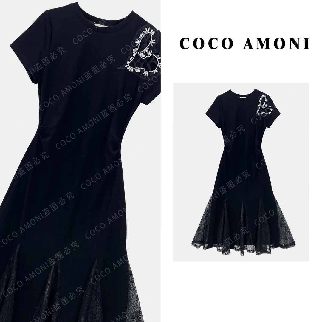 1重工烫钻爱心原创新款女装拼接褶皱收腰显瘦气质连衣裙ZC623