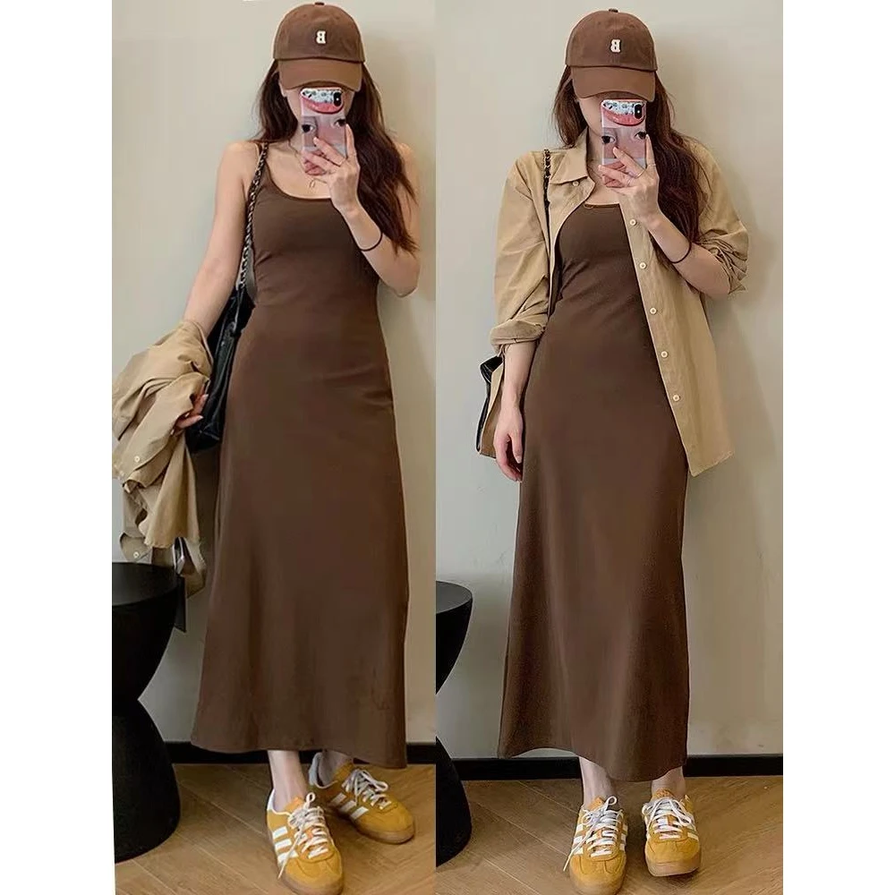 大码女装早秋气质吊带背心连衣裙＋衬衫外套修身显瘦套装