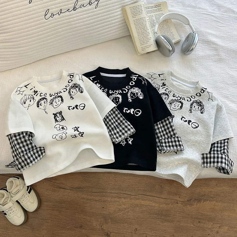 男童T恤长袖儿童春装2025新款网红白色打底衫洋气时髦上衣假两件