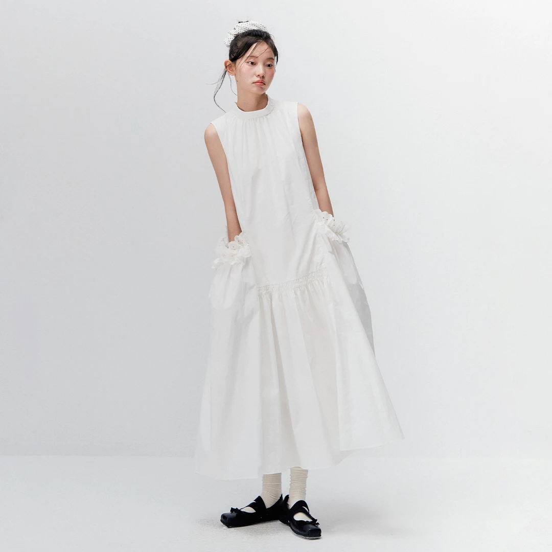 ANNATTO 原创设计夏季白色圆领无袖插袋a字纯色连衣裙长裙女