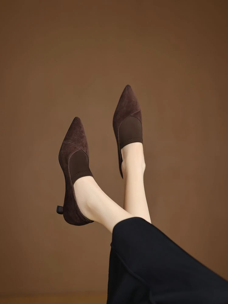 手工羊反皮/4.5cm/法式复古磨砂高跟鞋2025春季新款尖头气质单鞋