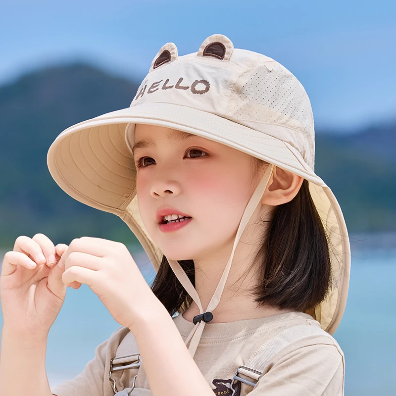 儿童帽子夏季遮阳帽男女童大檐宝宝速干披肩户外渔夫太阳帽薄