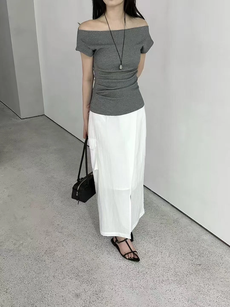 一字肩上衣 两个色