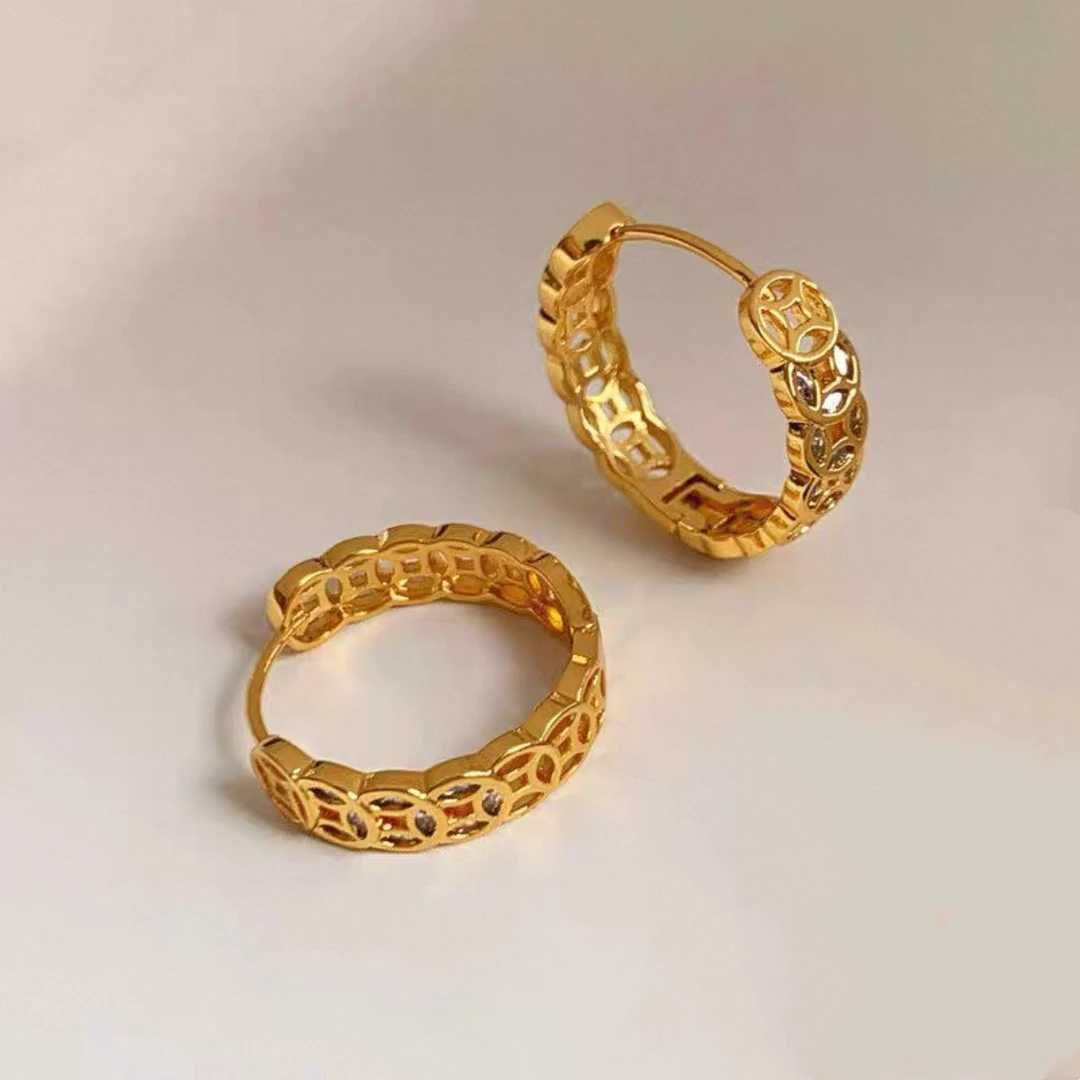 合金耳饰 1929合金新中式镂空铜钱满圈耳扣耳环