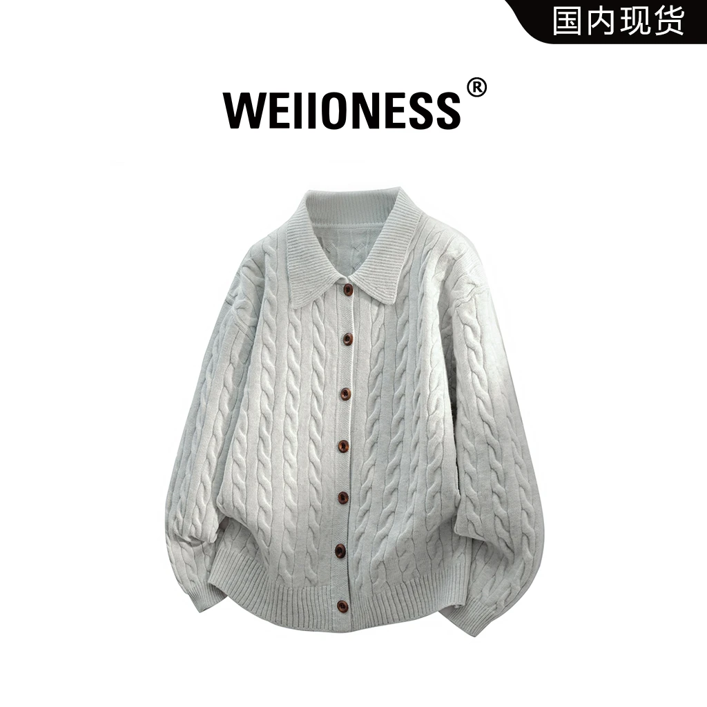 WEIIONESS高级感麻花纹开衫毛衣男秋冬季复古潮流简约针织衫外套