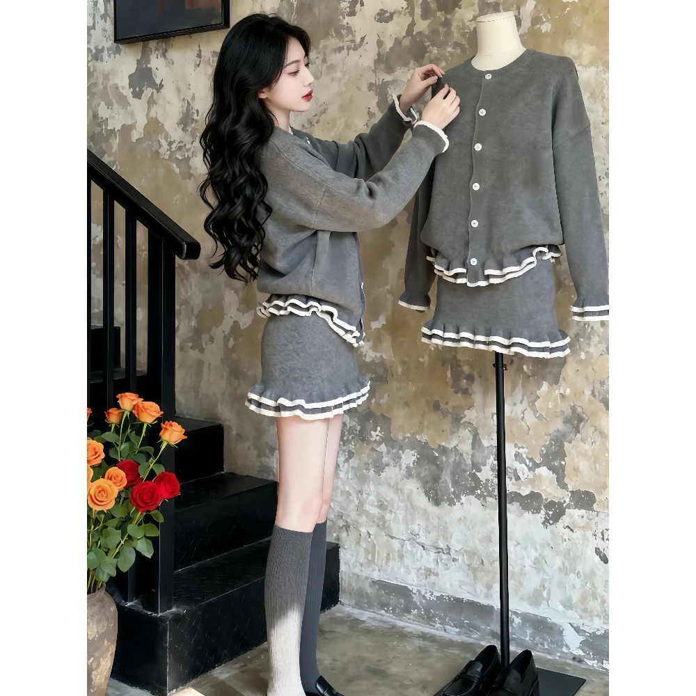 韩风chic一整套装女秋冬新款灰色圆领针织开衫木耳边半身裙两件套