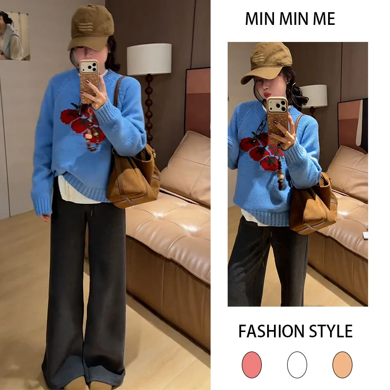 2025秋冬季新款韩版时尚圆领针织圆领上衣女搭配休闲阔腿裤两件套