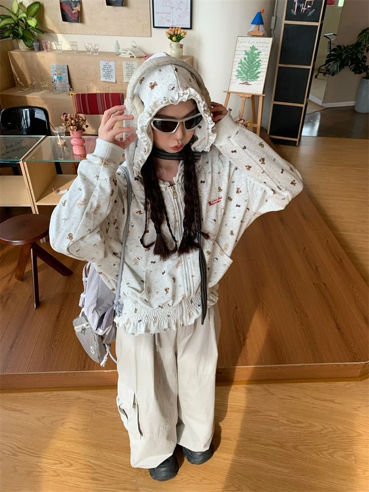 美式复古满印褶皱连帽卫衣女秋季新款慵懒风短款宽松外套