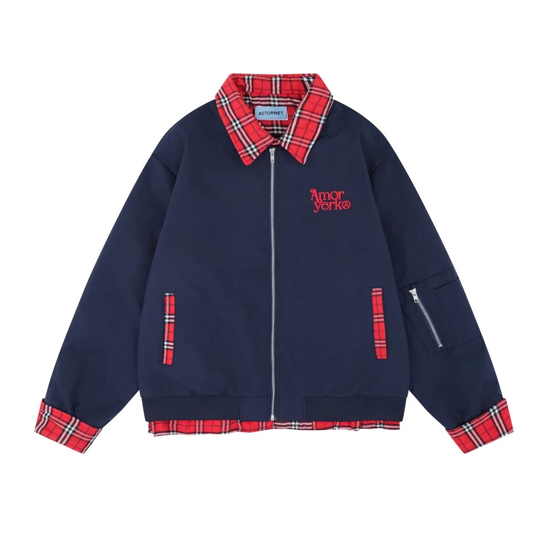 【慌慌】国潮风假两件格子衬衫拼接棒球服夹克情侣外套秋冬款666-1