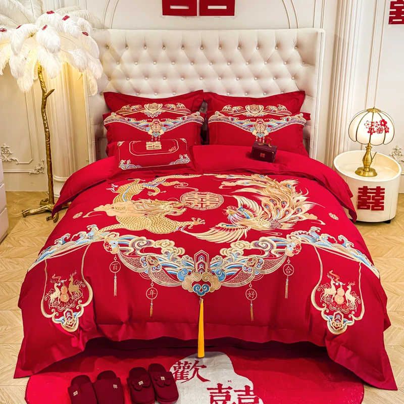 【福鹿双喜】四件套大红被套婚庆被罩婚房被套结婚被套大红色