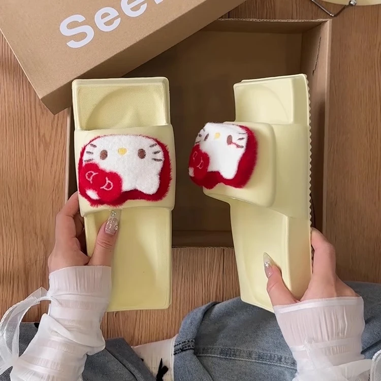 可爱卡通毛绒绒一字拖鞋女2025春季新款外穿厚底增高休闲沙滩凉拖