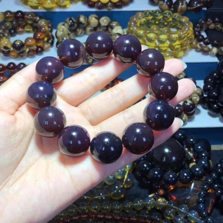 琥珀未镶嵌手链收藏级黑加仑帝王紫满紫杉醇紫罗兰大手串