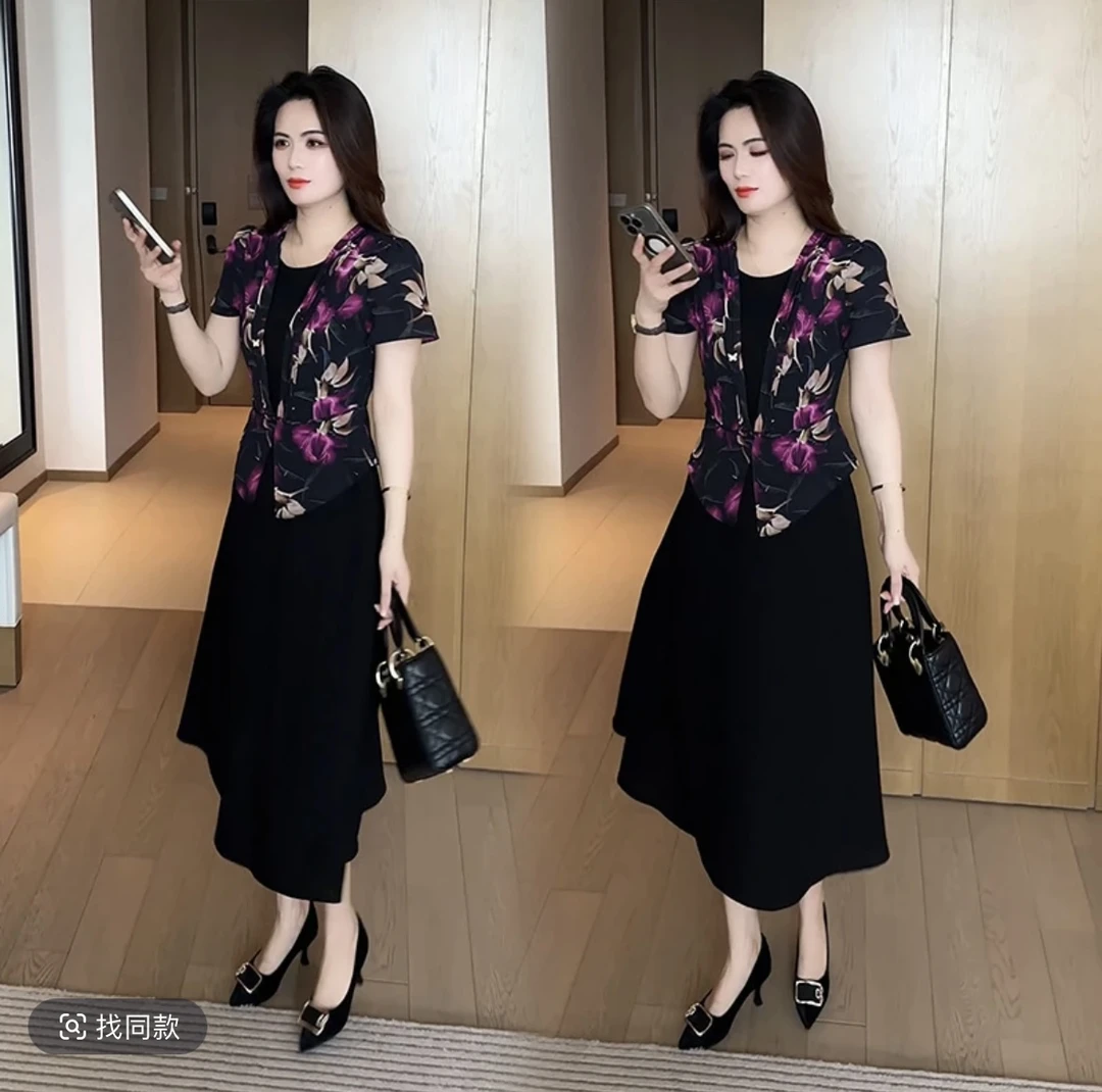 轻奢收腰显瘦短袖中长款连衣裙女2025夏季新款妈妈洋气假两件裙子