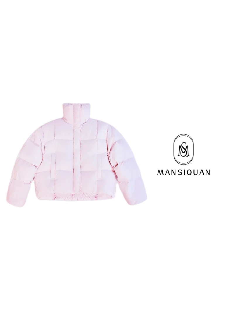 【MANSIQUAN】时尚粉色短款泡芙白鸭绒羽绒服210g0压感立领保暖外套