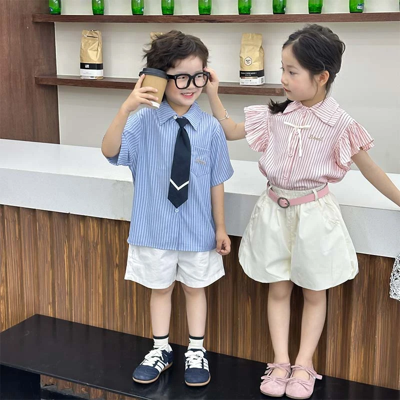夏季新款学院风套装男女童衬衫短裤两件套姐弟装HCB495-tylj