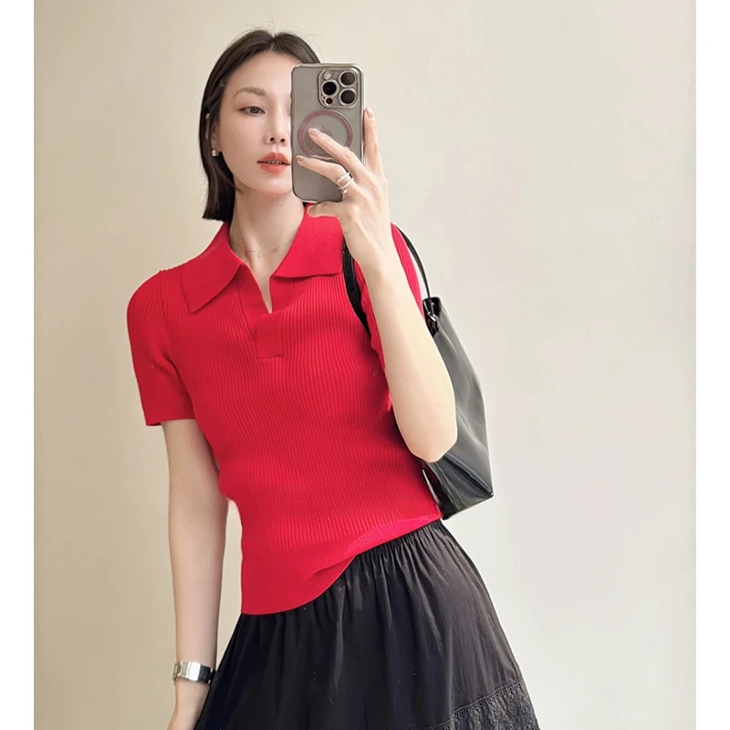 修身显瘦polo领针织衫 纯色女弹力坑条上衣 短袖T恤 春夏