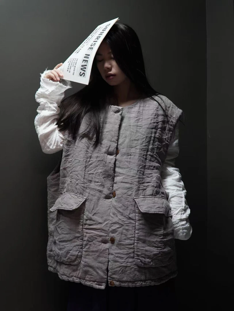 AS6841-砂洗亚麻加厚大口袋马甲