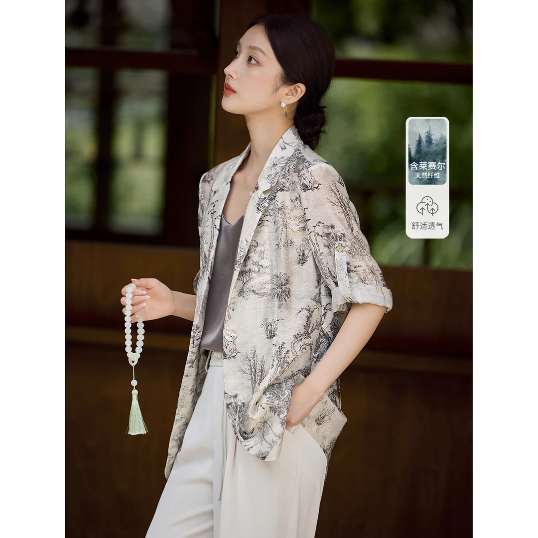 XWI/欣未2025夏季新款系带山水画设计新中式印花西装外套女3A003