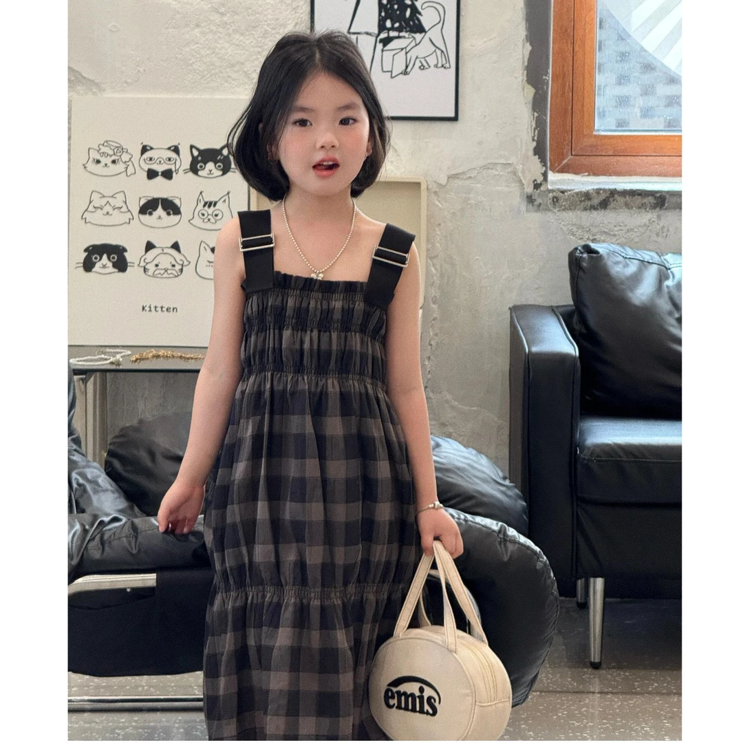 小思家女童格子连衣裙2025夏季新款复古法式气质露背洋气吊带裙