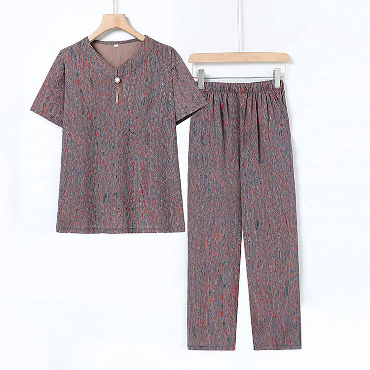 圆领福态短袖常规薄款中老年女装夏天老年人夏装女士宽松简约套装