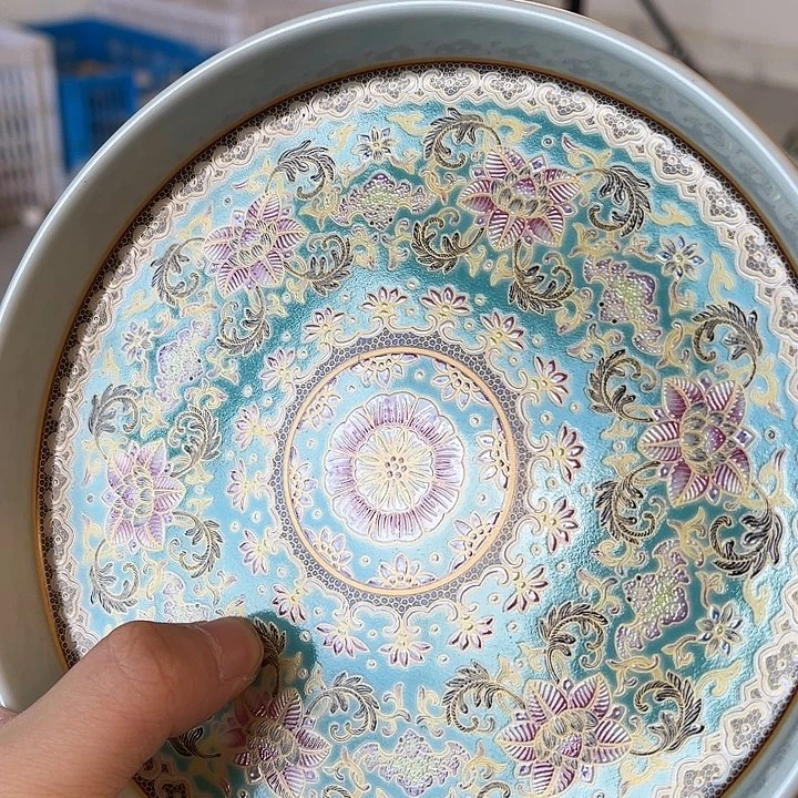 摆件景德镇绿釉珐琅彩大壶承