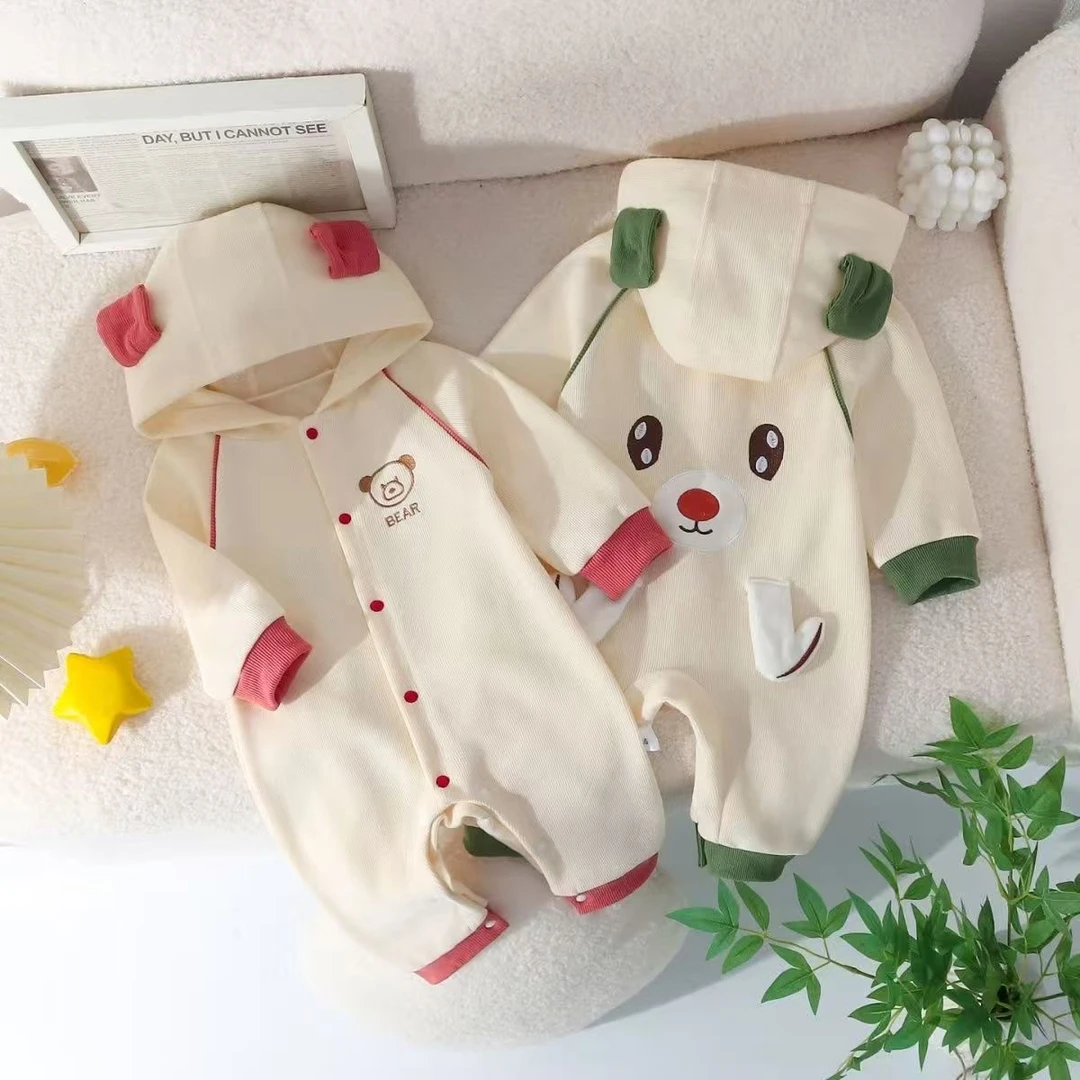 新款婴儿连体衣春秋款宝宝哈衣婴幼儿连帽外出服秋款洋气爬服哈衣