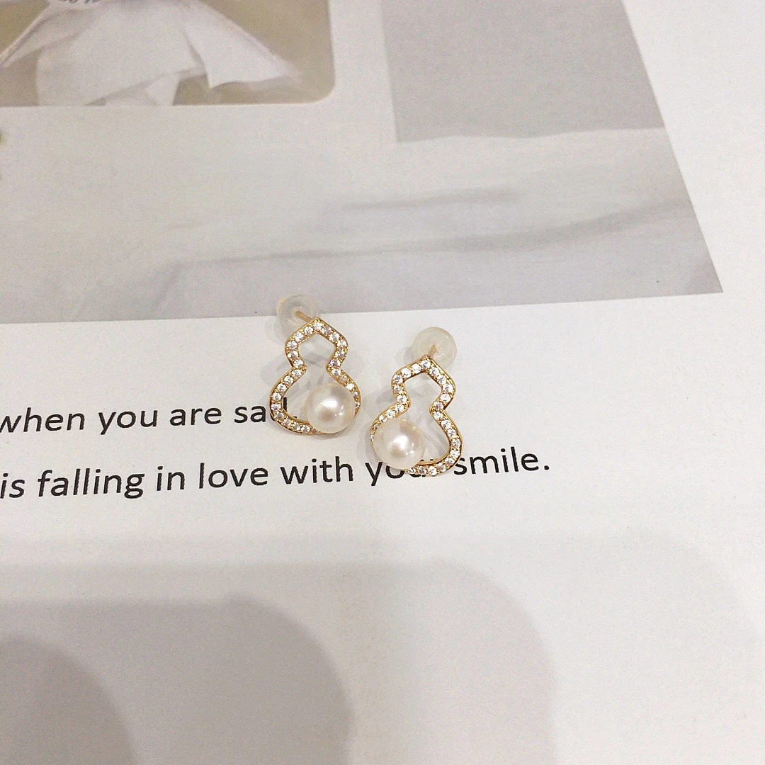 铜合金仿珍珠耳饰 高级感对称葫芦好运福禄保色高级感耳钉