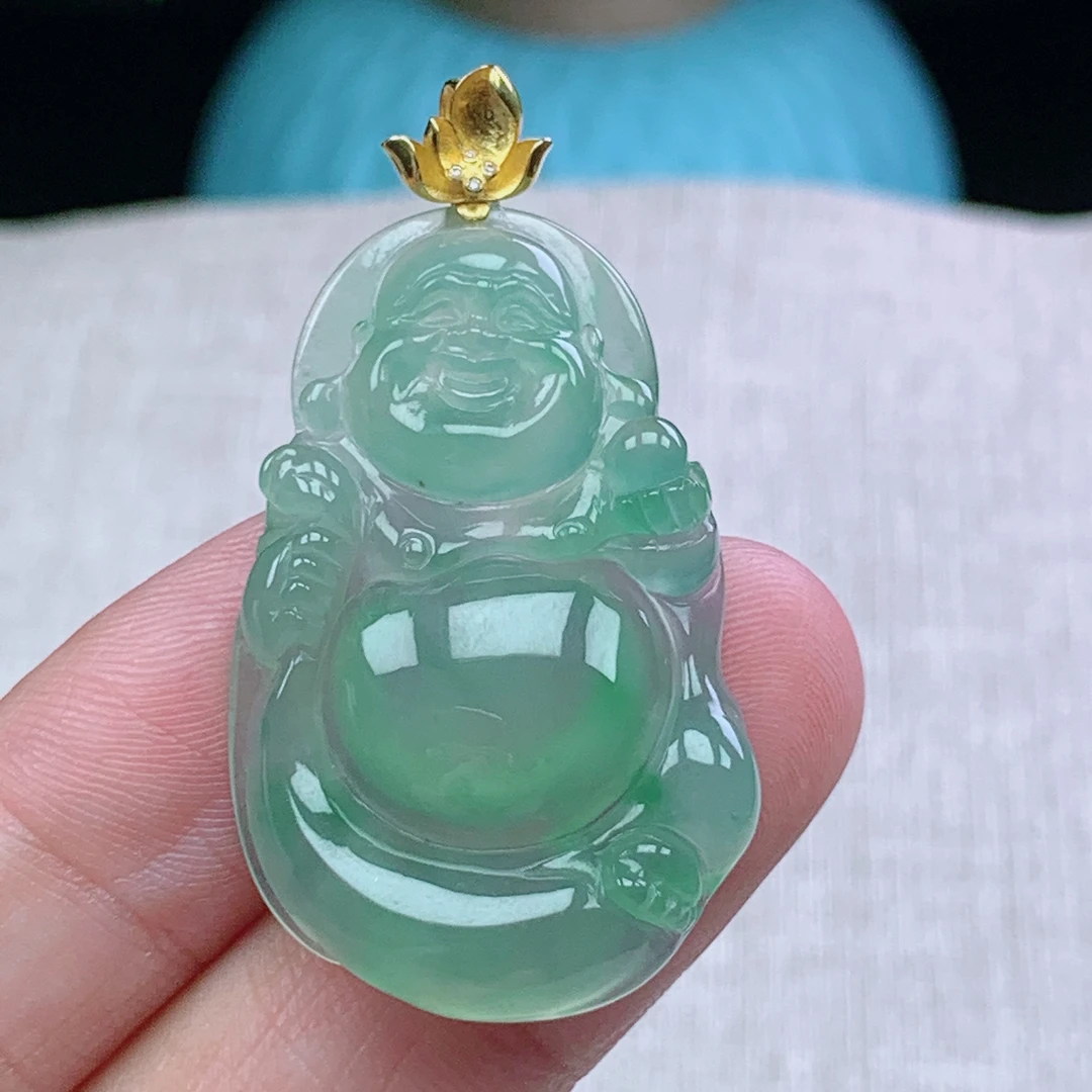 s缅甸天然翡翠A货36.3-23.8-5.9玉石冰种晴水飘花布袋佛吊坠礼物