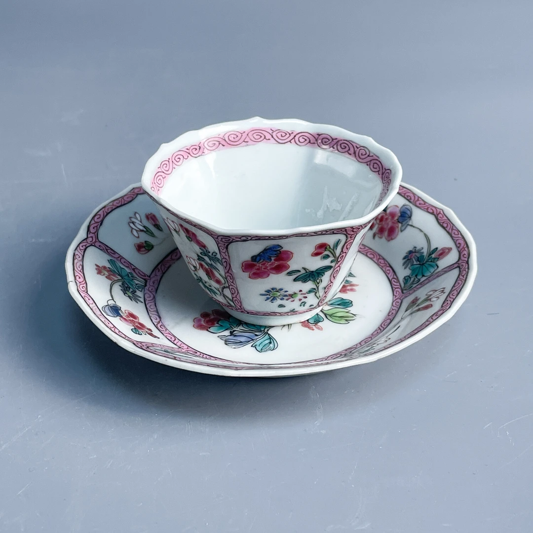 清雍正 粉彩开窗花卉六棱杯碟一套2-M25LB008B98