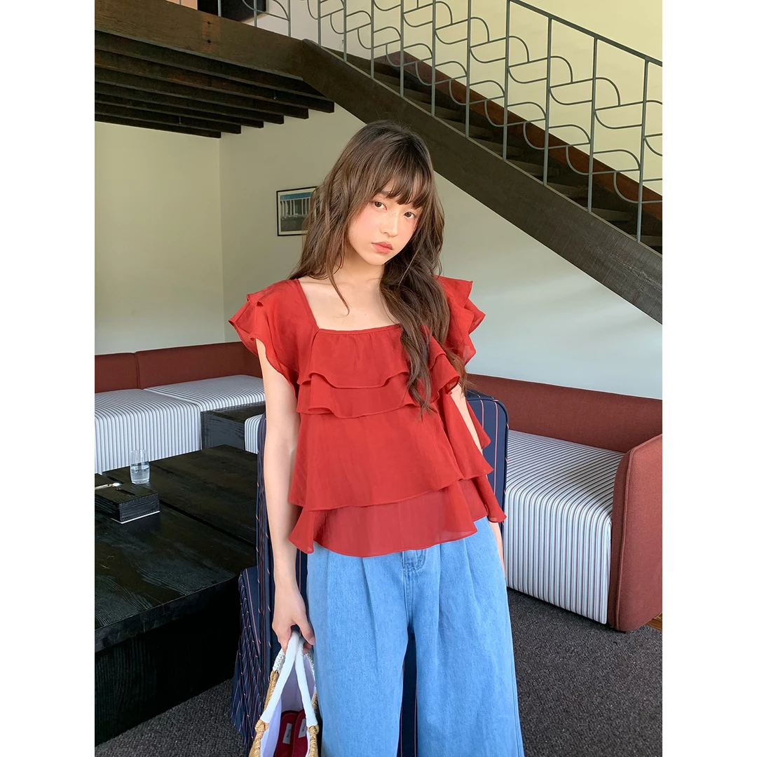 NEWOPEN夏季显瘦气质法式红色方领荷叶边雪纺甜美小衫女上衣S5306