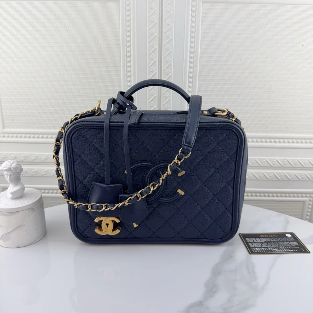 99新 Chanel/香奈儿 Vanity Case 20S蓝金荔枝牛皮相机包中号25开