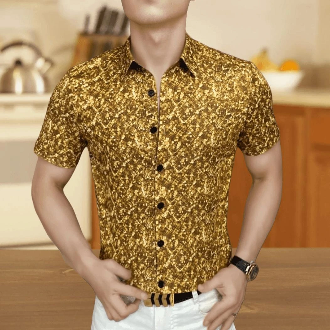 夏季弹力商务印花帅气韩版短袖翻领2025新品男士时尚休闲薄款衬衫