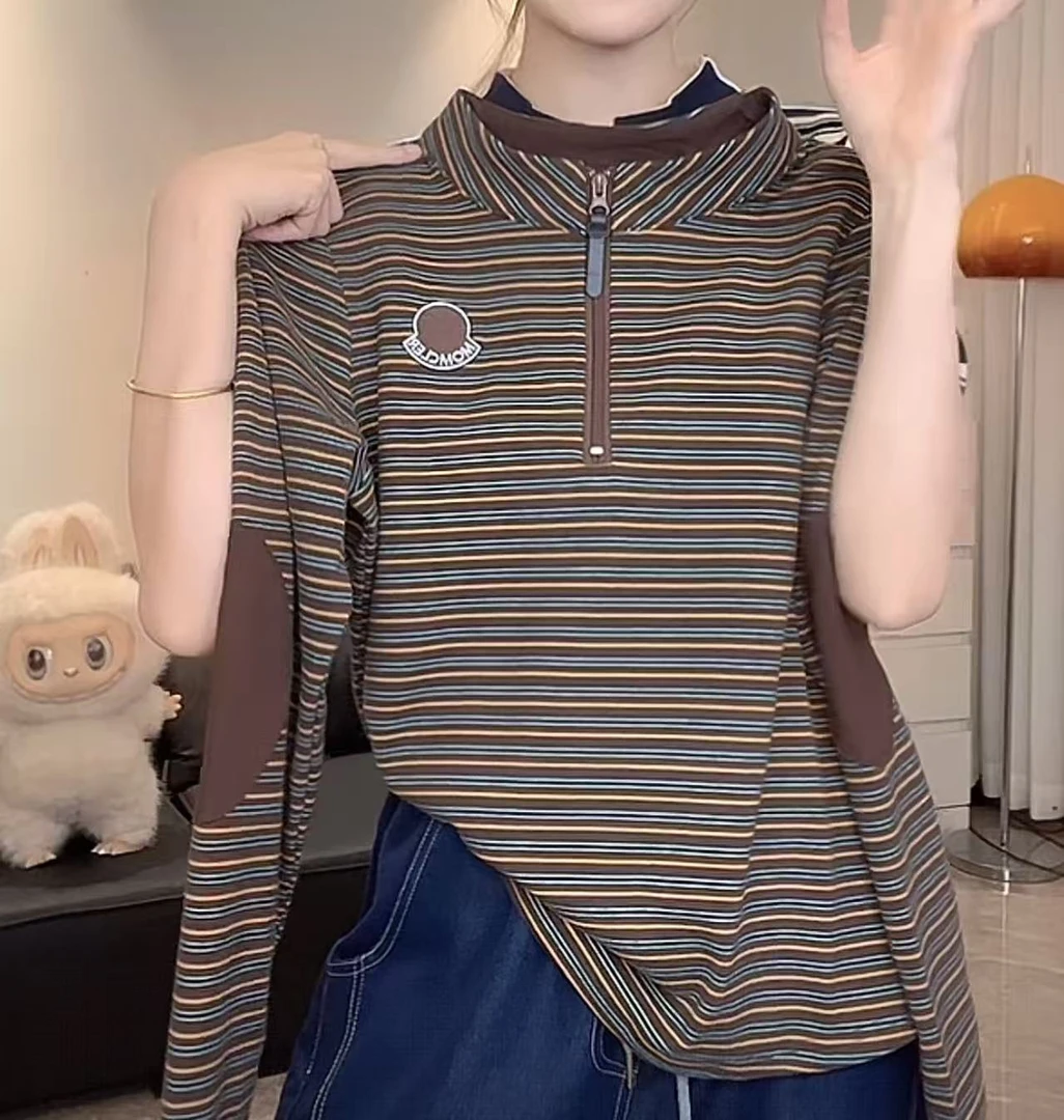 【刺绣拉链领】2025新款时尚长袖T恤简约百搭女秋季显瘦打底衫