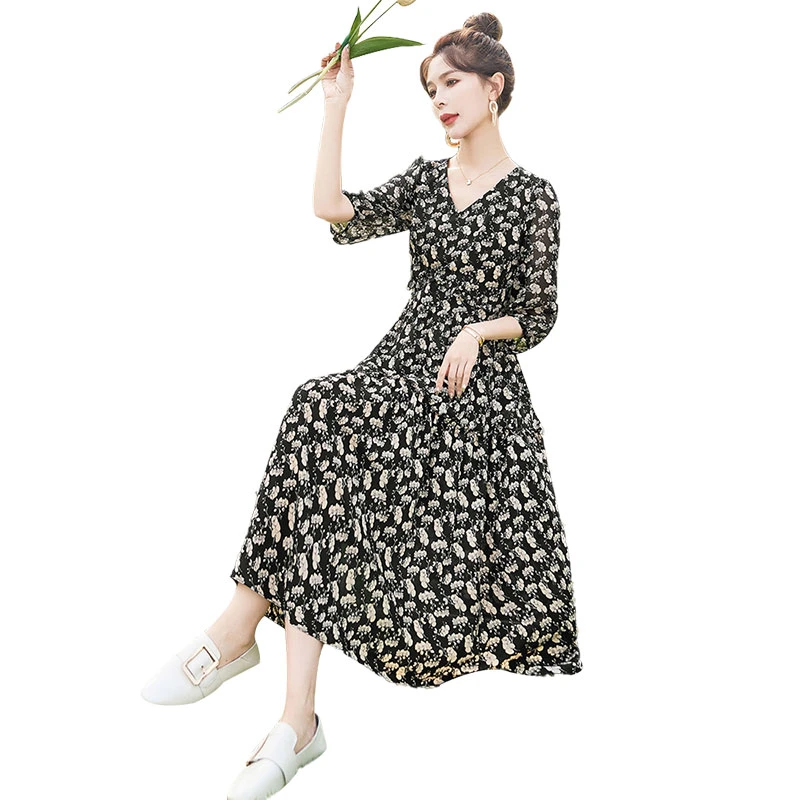 【品牌奥莱】丝柏舍2025春装新款女摆V领正肩碎花连衣裙S51R0471L