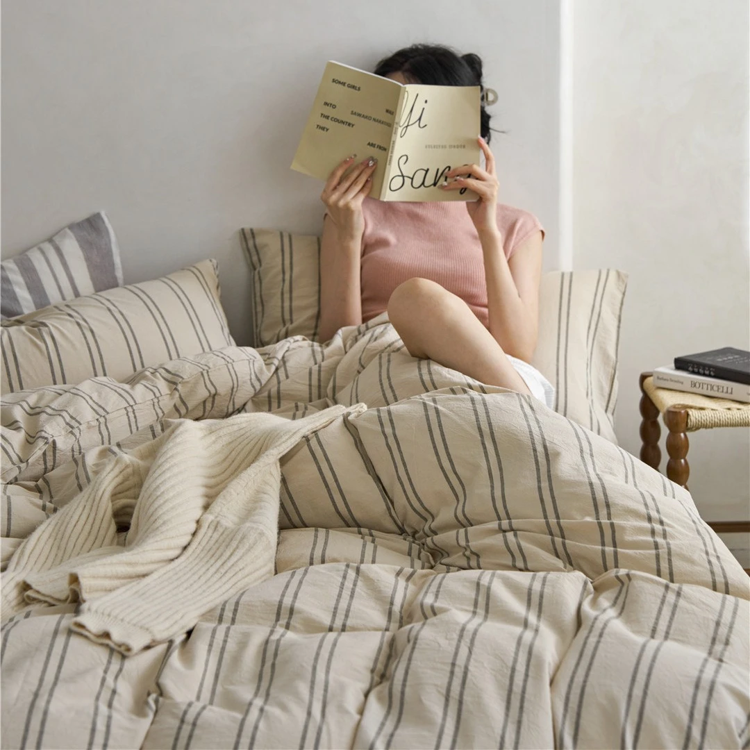 简约风条纹单双人床裸睡床品亲肤透气纯棉水洗棉三四件套家纺