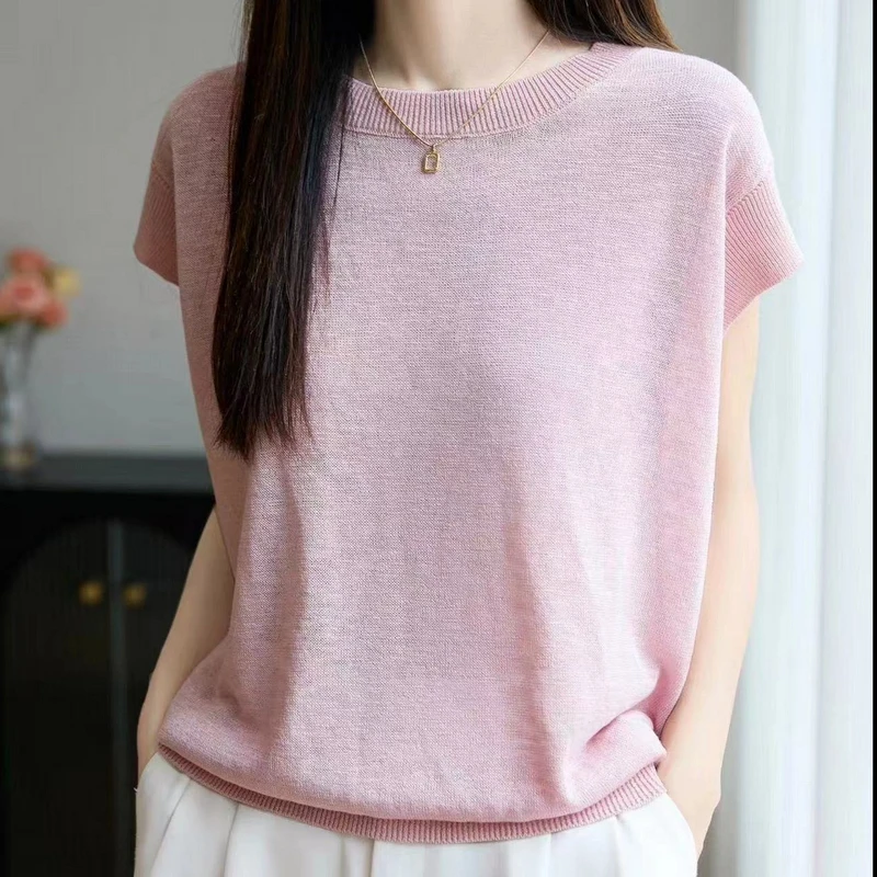 25夏季新款竹节麻针织时尚百搭圆领短袖薄款高级感T恤上衣