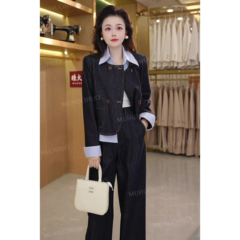 时尚套装小香风气质牛仔短款休闲复古拼接秋季长袖洋气百搭减龄