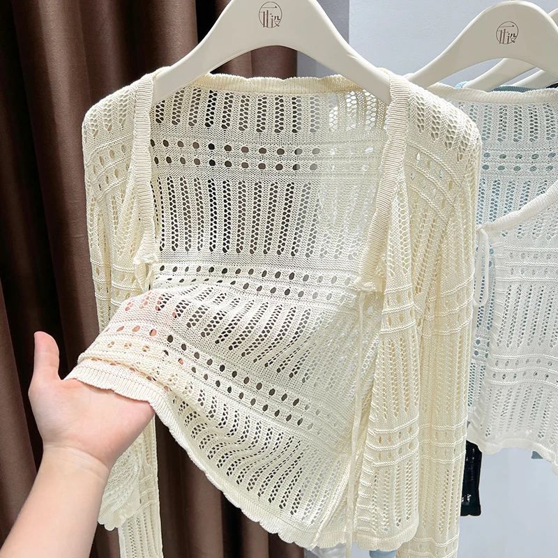 小众设计镂空长袖开衫夏季爆款杏色V领系带外套配裙子针织披肩女